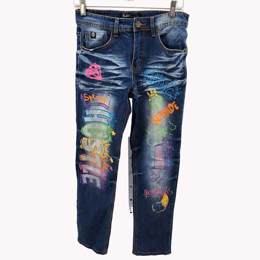 Switch Remarkable Girl Size 16 Blue Jeans Colorful Graffiti Art Denim New